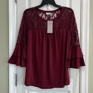 NWT Miselon Lace Detail Top With Bell Sleeves Burgundy Size Medium